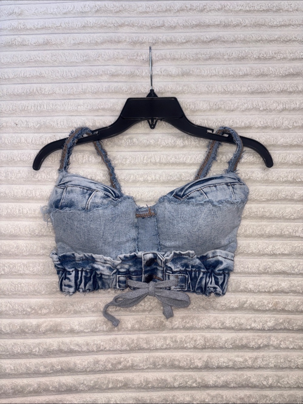 Denim Crop Top with Ruffle Hem and Tie